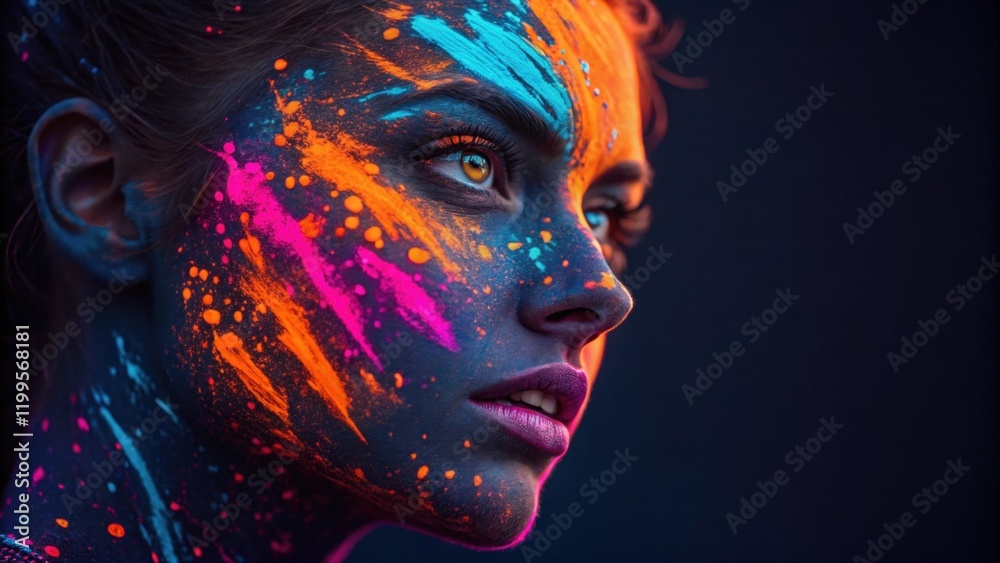 A mesmerizing face adorned with a cascade of neon colorssunset orange electric blue and vibrant fuchsia splash across the skin in an abstract style. The eyes shine through the