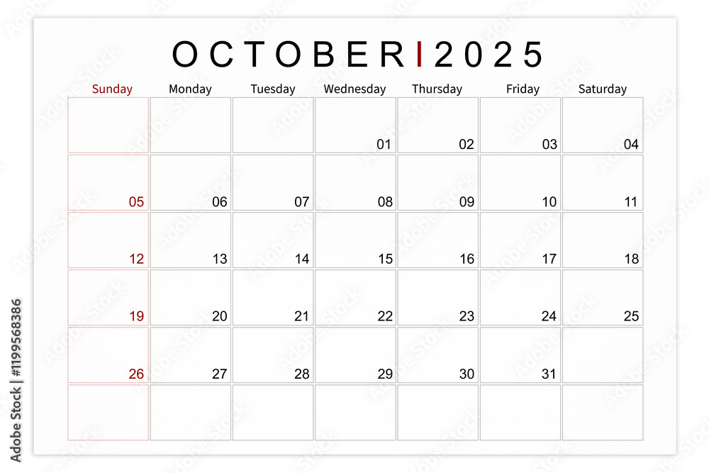 October 2025 Blank calendar page isolated on white background. October 2025 Blank calendar page isolated on white background.