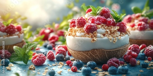 Delicious Coconut Bowls with Frozen Berries and Yogurt photo