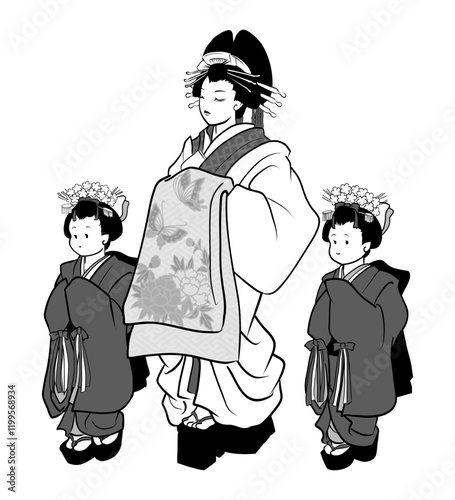 江戸、吉原の花魁とかむろのイラスト（モノクロ）