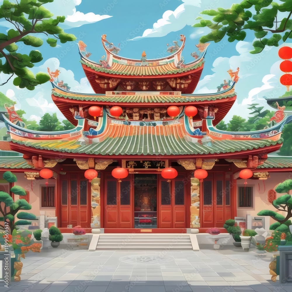 Asian temple courtyard, festive lanterns, sunny day, travel brochure. Asian temple courtyard, festive lanterns, sunny day, travel brochure.