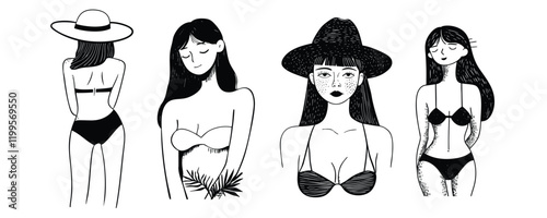 Set of hand drawn style summer women in bikini