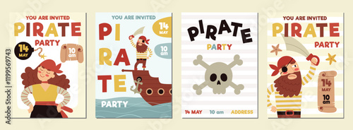 Pirate party invitation, birthday.A cards for a kids party.Pirate ship, skull, crab, treasure chest. Cartoon Flat illustrations