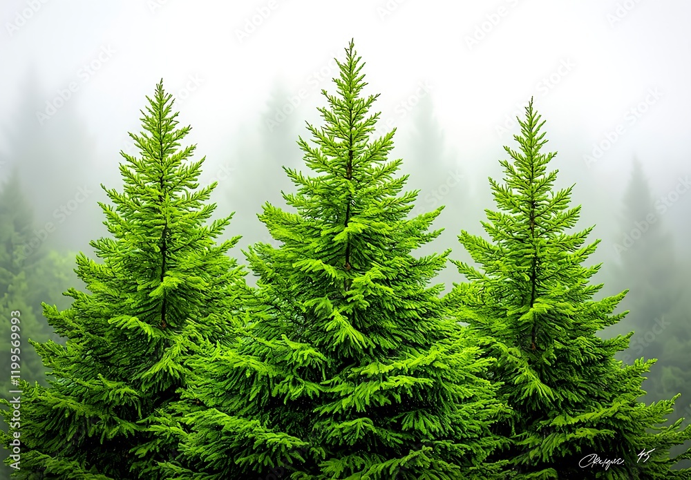 Obraz premium Lush Green Evergreen Trees Emerging from Dense Fog Creating a Serene and Mystical Atmosphere in a Forest Landscape