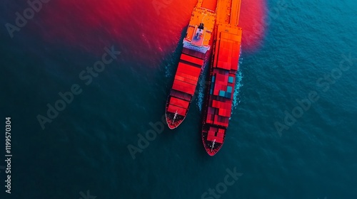 Crimson Cargo Carriers: Two vibrant red container ships navigate the deep blue ocean, their paths converging in a dramatic aerial view.  The image evokes themes of global trade, maritime transport. photo