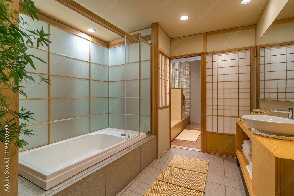Fototapeta premium Modern Japanese style bathroom with bathtub and wooden accents