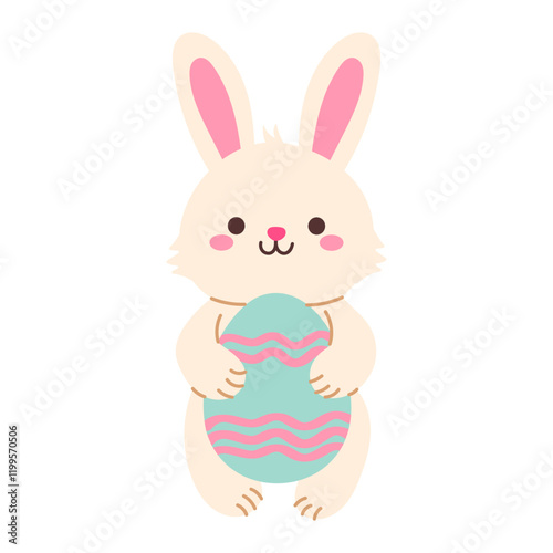 A cartoon rabbit holding an Easter egg. The rabbit is smiling and he is happy. The egg is blue and pink, and it is the main focus of the image