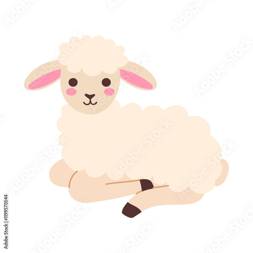 A cute sheep is laying down on a white background. The sheep has a pink nose and is smiling