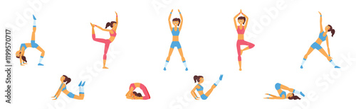 Slim Woman Character Do Yoga Stretch Body Vector Set