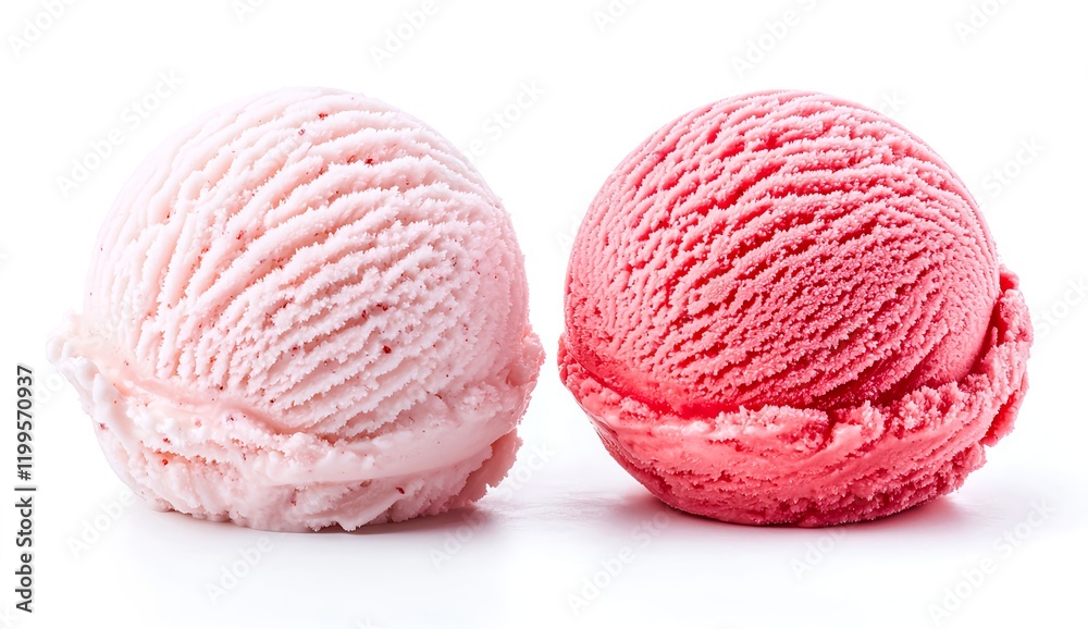 Delicate Scoops of Strawberry and Raspberry Ice Cream Perfectly Rounded and Arranged on a Clean White Surface for Refreshing Summer Treats and Indulgent Dessert Ideas