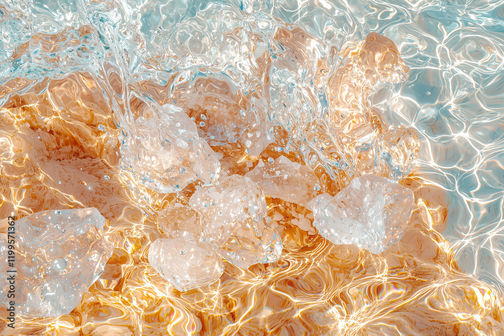 A macro close-up of melting ice, showcasing intricate patterns and crystal-clear water droplets reflecting sunlight on a natural surface. A macro close-up of melting ice, showcasing intricate patterns and crystal-clear water droplets reflecting sunlight on a natural surface.