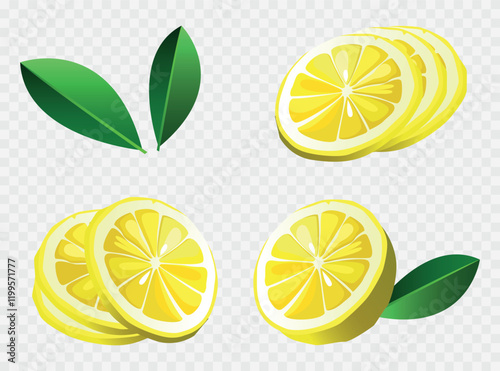 Yellow lemon, cut in half, lemon slices, leaves. Collection of vector flat illustration. EPS10 