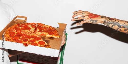 Tattooed arm reaching for pepperoni pizza in a box. Pizza, tattoos, and hands. Pepperoni pizza, tattooed arm, reaching hand. Pizza box, tattooed hand, reaching for pizza.