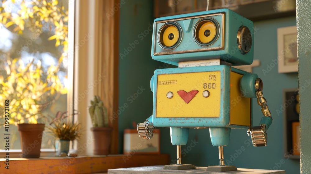 Fototapeta premium Vintage Retro Robot Toy Figurine Yellow and Teal 3D Render Sunny Window Background