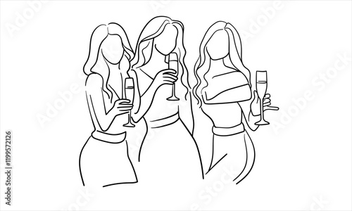 Friendly party girls continuous line art drawing isolated on white background. Hands toasting with wine glasses with drinks. Cheers toast festive decoration for holidays. Vector illustration