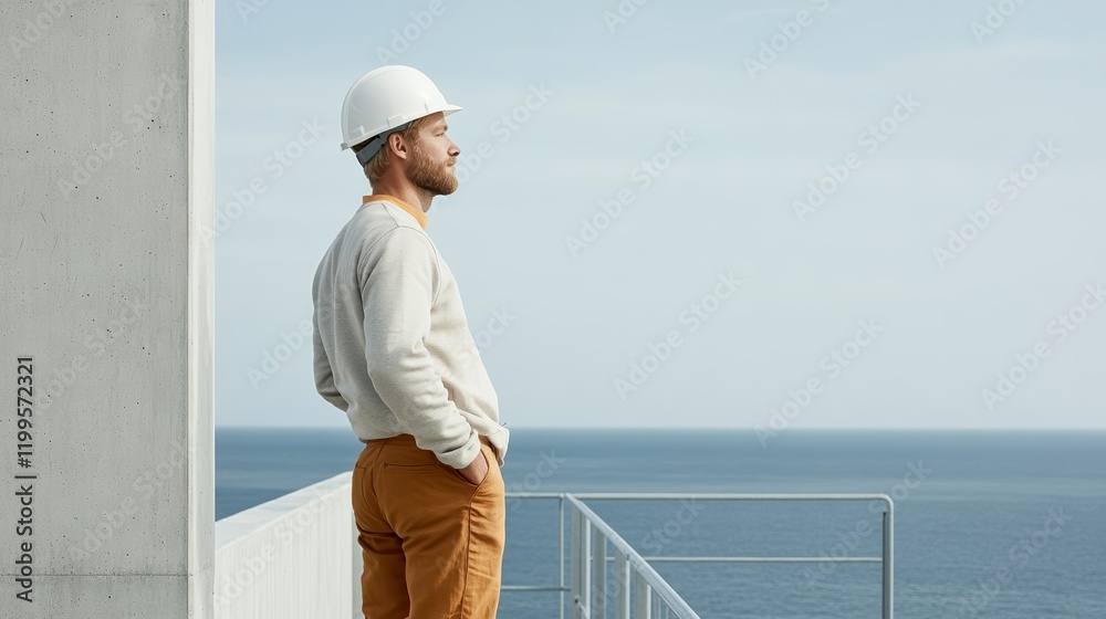 Elegant A construction worker standing proudly on a newly completed bridge holding a hard hat and looking out over the water below Elegant A construction worker standing proudly on a newly completed bridge holding a hard hat and looking out over the water below