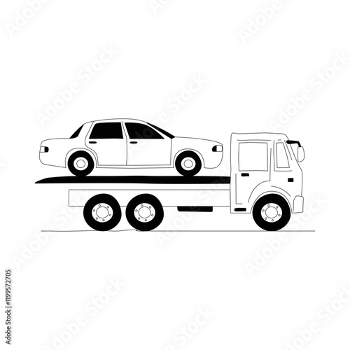 Car Transported On Tow Truck In Flat Vector Illustration Symbolizing Vehicle Breakdown, Towing Services, And Roadside Assistance, Isolated On White Background