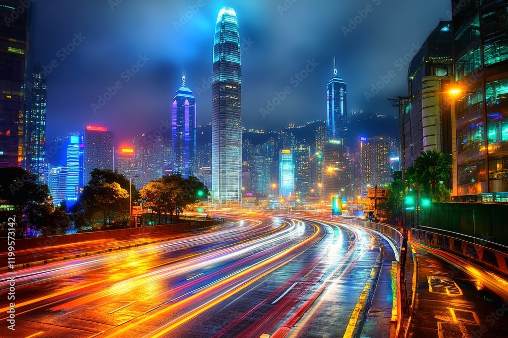 Obraz premium Nighttime cityscape with light trails from traffic.