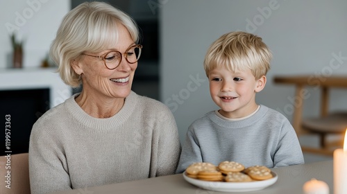 Elegant A grandmother and her grandson laughing together while sharing fresh baked cookies at a cozy kitchen table with a plate of warm treats 