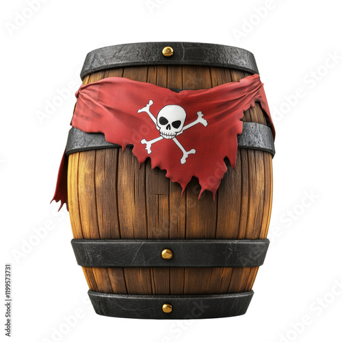 Pirate's Treasure Chest: A weathered wooden barrel with iron bands and a tattered red pirate flag bearing a skull and crossbones. The image evokes a sense of adventure and intrigue.