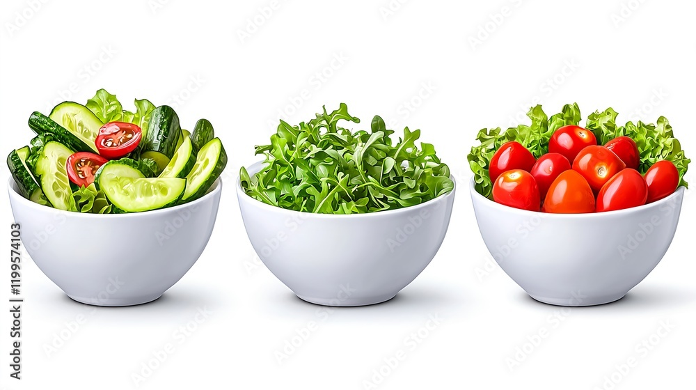 Fresh and Vibrant Bowls of Salad Ingredients Featuring Crisp Cucumbers, Lush Mixed Greens, and Juicy Cherry Tomatoes Perfect for Healthy Meals or Culinary Creations Fresh and Vibrant Bowls of Salad Ingredients Featuring Crisp Cucumbers, Lush Mixed Greens, and Juicy Cherry Tomatoes Perfect for Healthy Meals or Culinary Creations