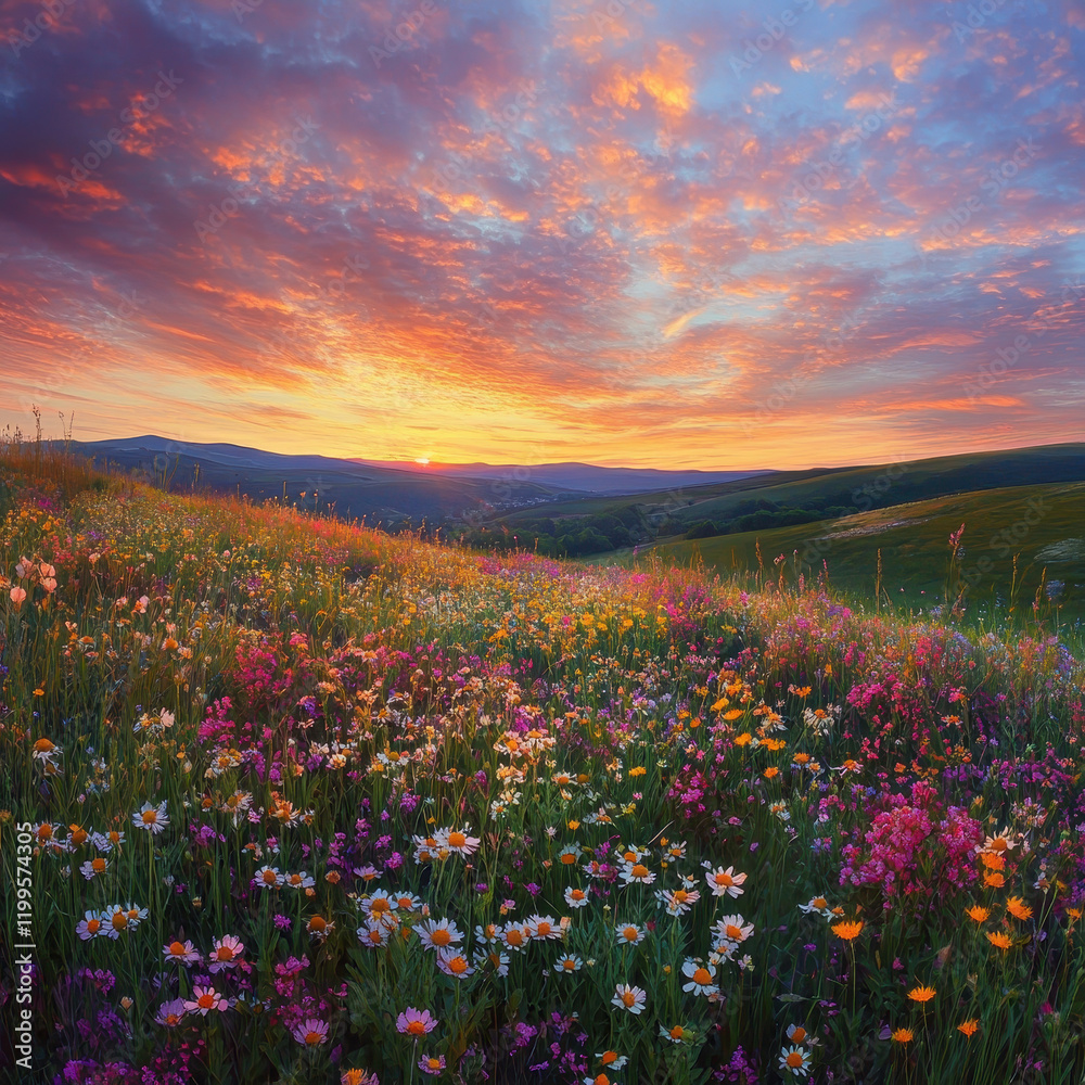 Fototapeta premium vibrant wildflower meadow at sunset, showcasing colorful blooms under dramatic sky. scene evokes sense of tranquility and beauty