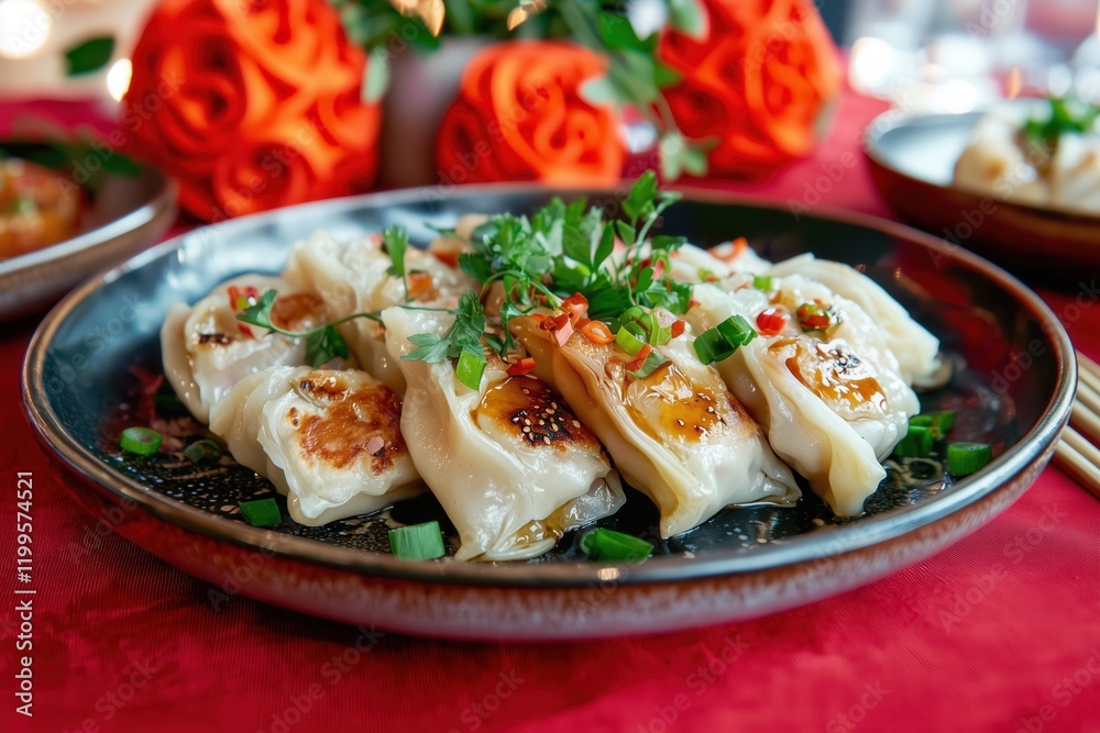Delicious dumplings and spring rolls celebrate chinese new year festive table setting culinary delight vibrant atmosphere Delicious dumplings and spring rolls celebrate chinese new year festive table setting culinary delight vibrant atmosphere