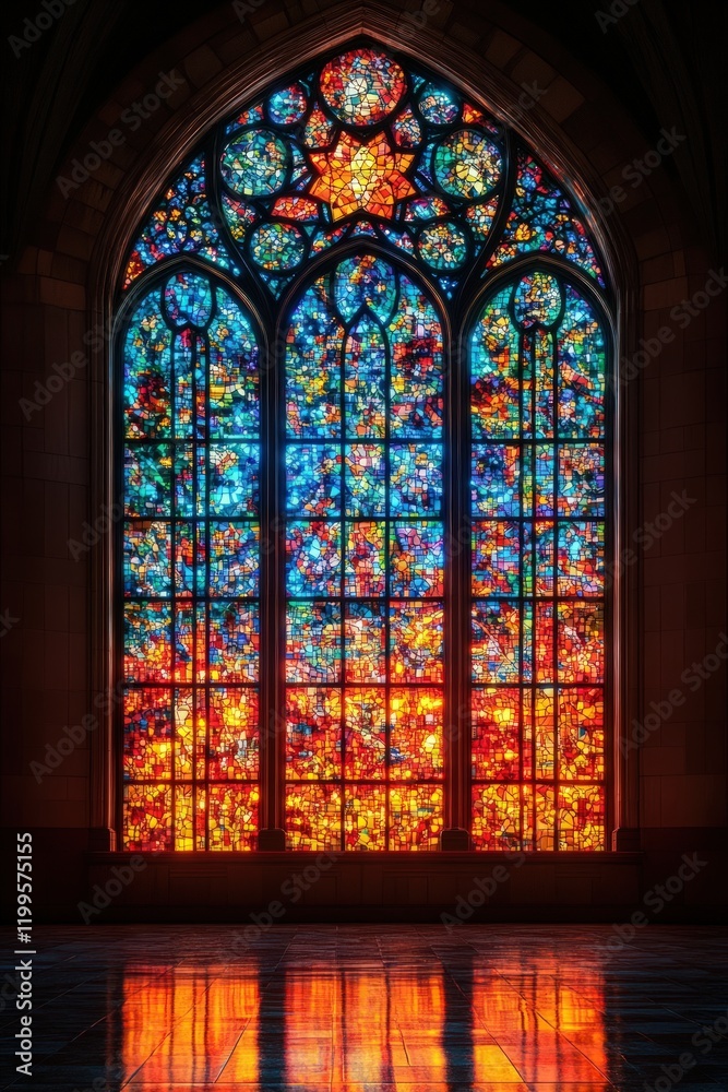 Stunning stained-glass window, vibrant colors, reflects on floor. Stunning stained-glass window, vibrant colors, reflects on floor.