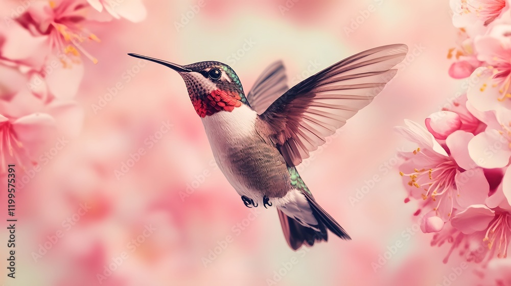 Fototapeta premium Detailed Hummingbird Hovering Over Pastel Floral Background in 3D