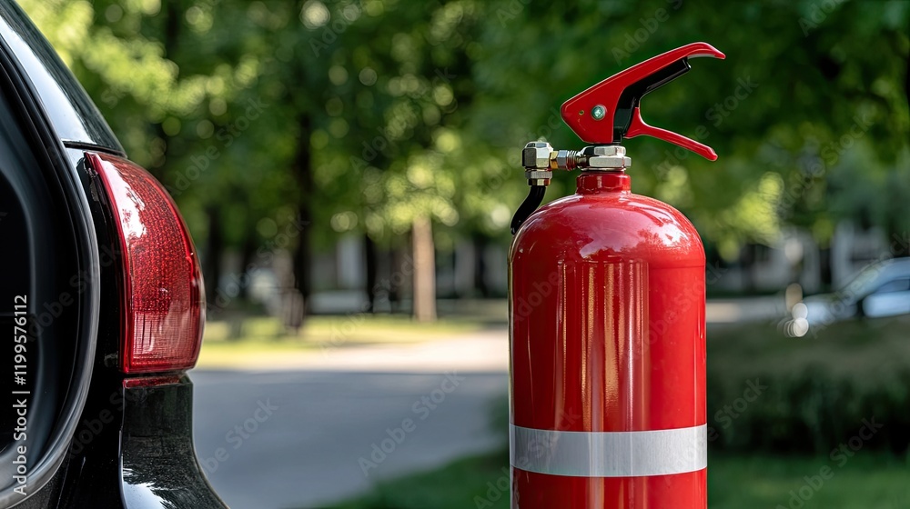 A red fire extinguisher rests on the open rear door of a black SUV parked amidst a beautiful natural setting along a quiet road