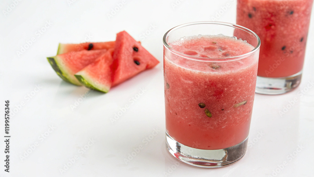 Refreshing pink watermelon smoothie in a glass, a perfect summer beverage Refreshing pink watermelon smoothie in a glass, a perfect summer beverage