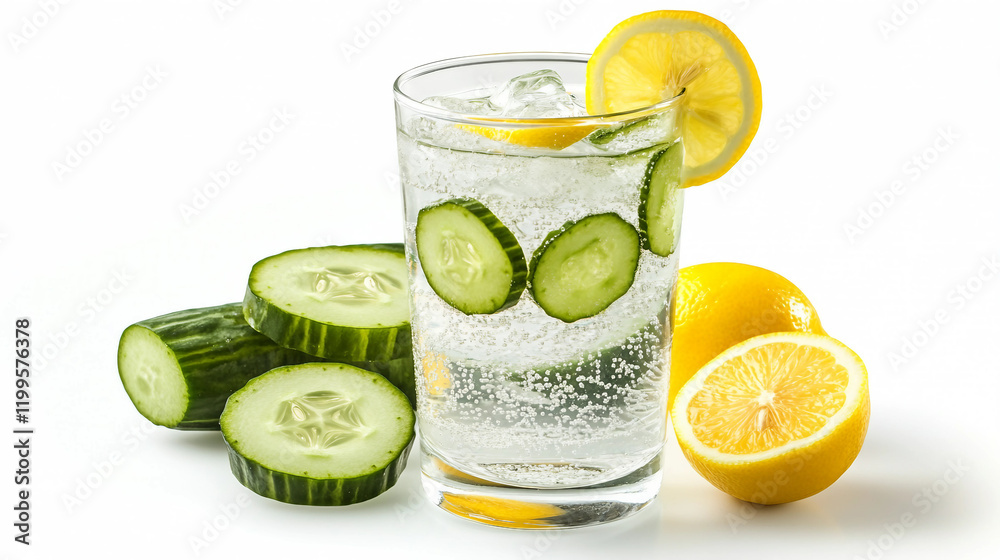 A glass of water with cucumber slices and lemon wedges A glass of water with cucumber slices and lemon wedges
