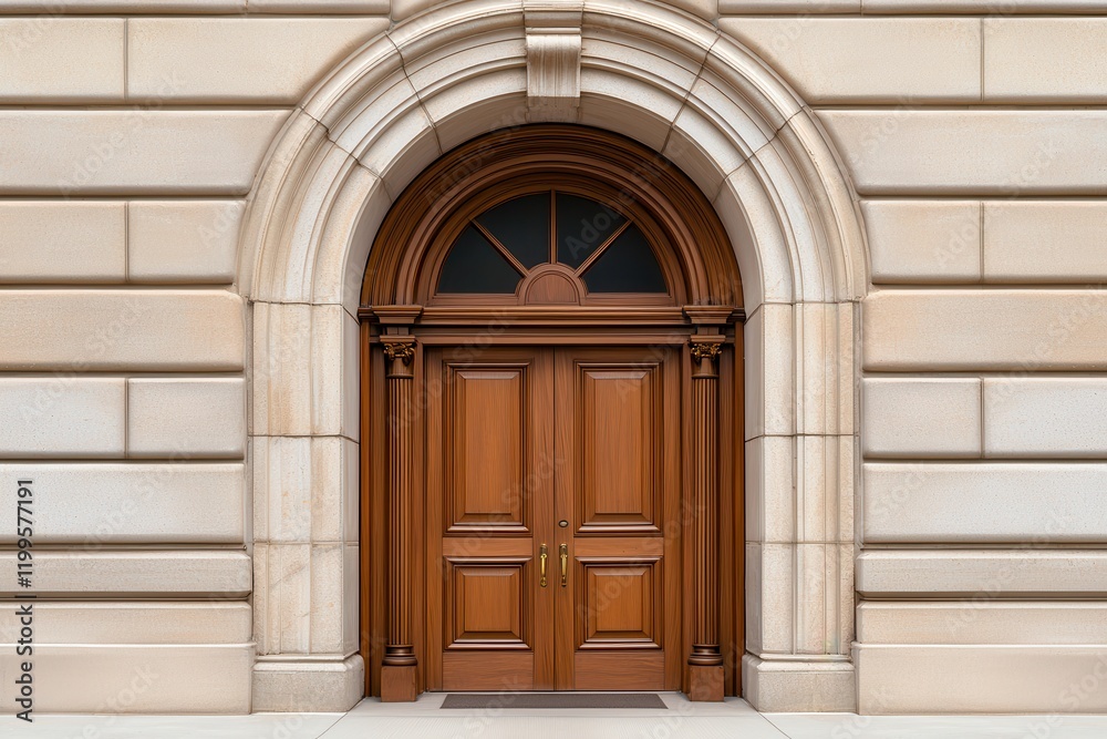 Luxury hotel interior showcasing exclusive architecture Elegant wooden door with archway and stone façade. Luxury hotel interior showcasing exclusive architecture Elegant wooden door with archway and stone façade.