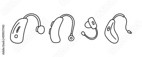 Hearing aids of different shapes in one line. Sound amplifiers for patients with hearing loss.