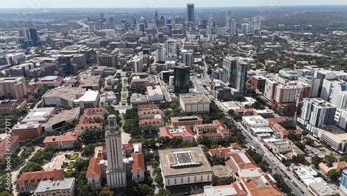 West campus views of UT Austin with downtown Austin in the background.