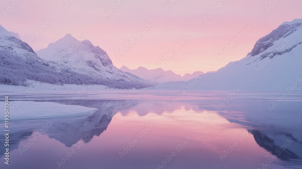 Winter background showing a frozen lake reflecting a soft pink sunrise Winter background showing a frozen lake reflecting a soft pink sunrise