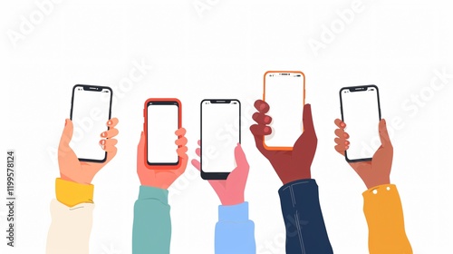 Professional image of four hands holding smartphone with blank screen