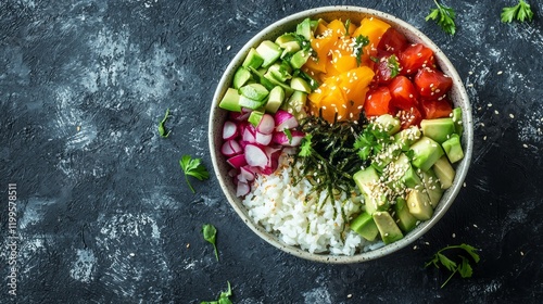 Enjoy a delightful Hawaiian poke bowl filled with vibrant colors and textures. Fresh vegetables, succulent fish, and perfectly cooked rice create a refreshing and delicious culinary treat photo