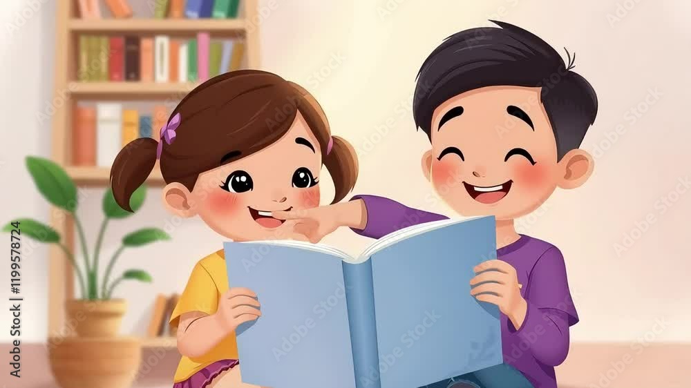 Cheerful Kids Learning with a Vibrant Bookshelf Background Cheerful Kids Learning with a Vibrant Bookshelf Background