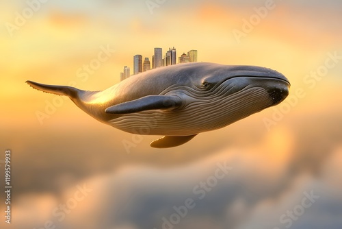 A blue whale with buildings on its back floats in the sky photo