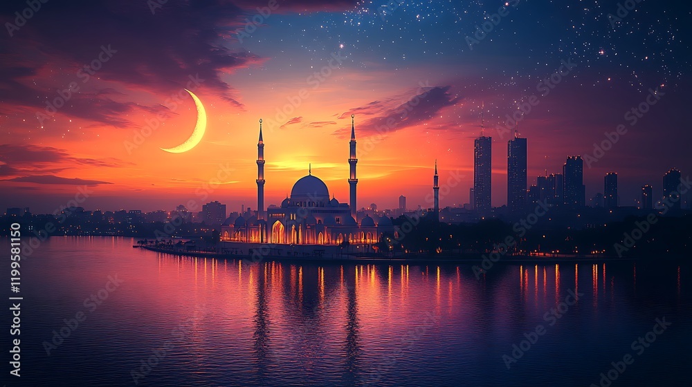 Naklejka premium Mosque silhouette with blue, pink and orange sky sunset in evening, mosque at night with crescent moon and star shining, Background for Ramadan Kareem,Islamic New year. happy Muharram