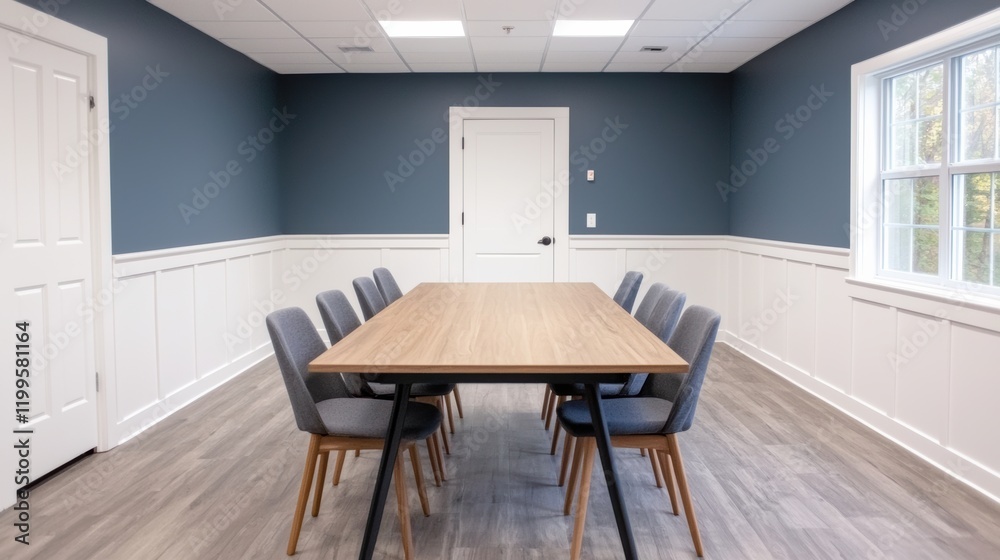 Fototapeta premium Modern conference room featuring a large wooden table and comfortable chairs, ideal for productive meetings