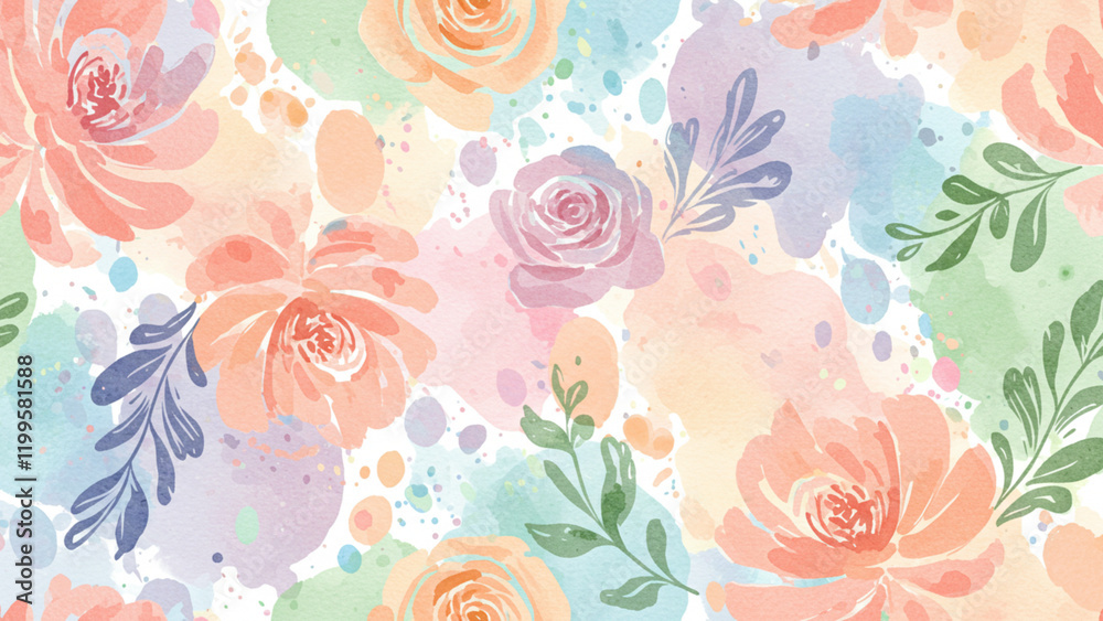 Fototapeta An artistic watercolor abstract backdrop with decorative drops, featuring a seamless and stylish floral pattern to enhance its sophistication