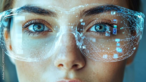Woman Wearing Futuristic Smart Glasses with Holographic Interface, female, eyes, close-up, portrait, technology
