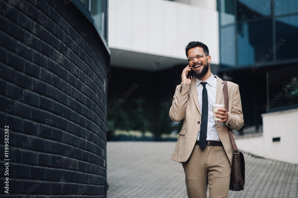 Happy businessman talking on phone and holding coffee outside office building