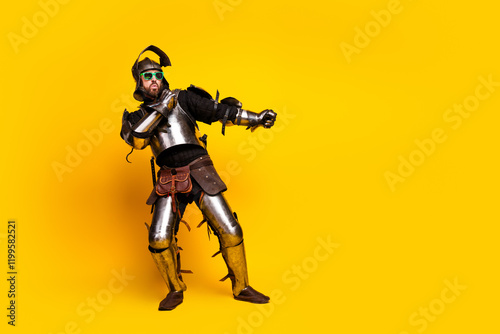 Medieval Knight with Sunglasses and Playful Pose on Vibrant Yellow Background