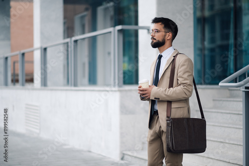 Wallpaper Mural Businessman holding coffee walking outside office building on sunny day Torontodigital.ca