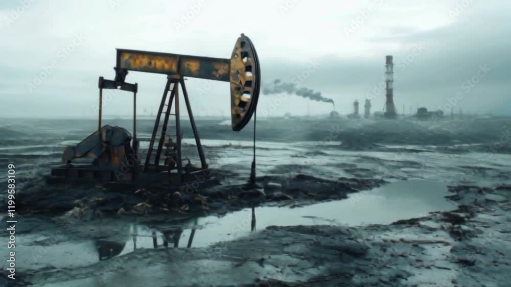 A drilling rig operates in a desolate area, extracting oil while smoke billows from nearby industrial facilities. The sky is overcast, presenting a somber atmosphere A drilling rig operates in a desolate area, extracting oil while smoke billows from nearby industrial facilities. The sky is overcast, presenting a somber atmosphere