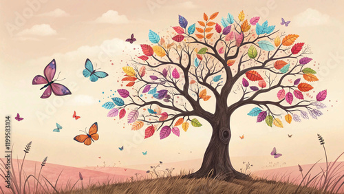 The Enchanted Butterfly Tree: A Vibrant Symphony of Colors wallpaper background  photo