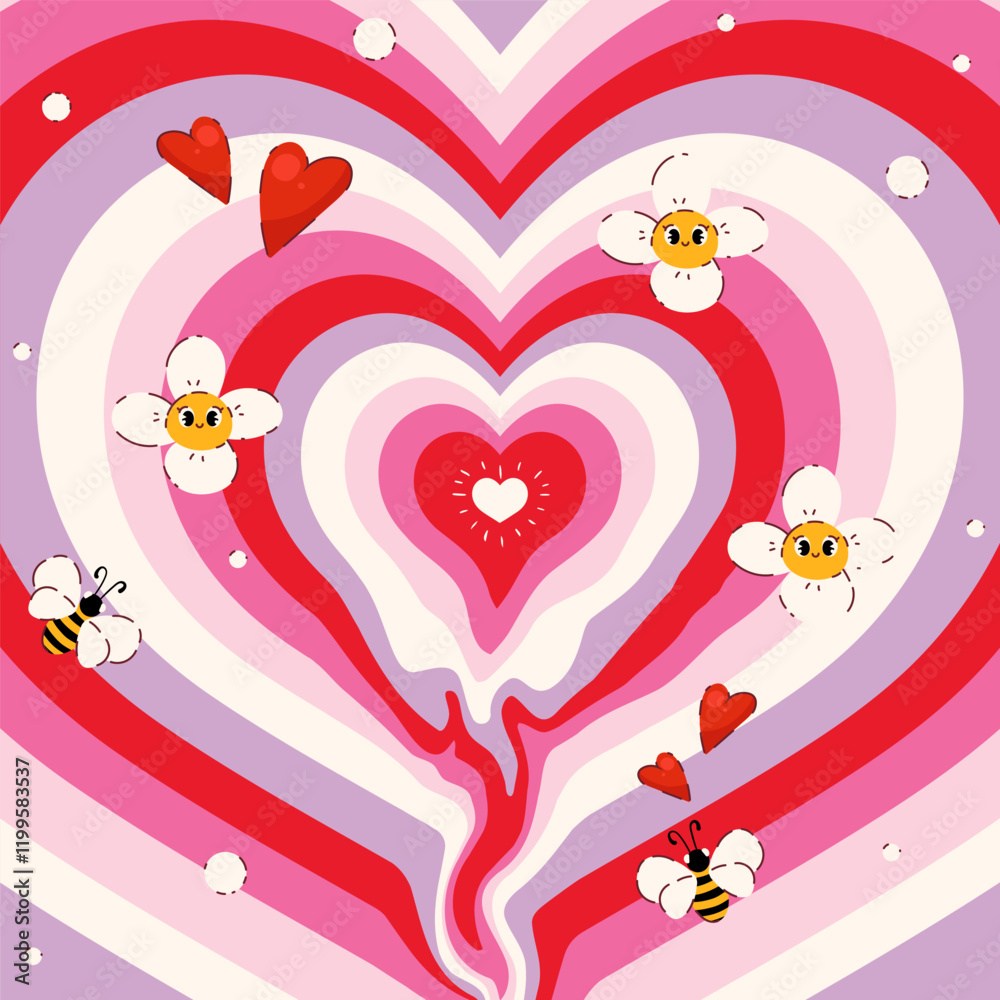 Obraz premium Melted Concentric Heart Tunnel for Valentine's day with Flowers and Bees. Love retro heart tunnel in groovy style. Trendy girly abstract love design. Colorful romantic background